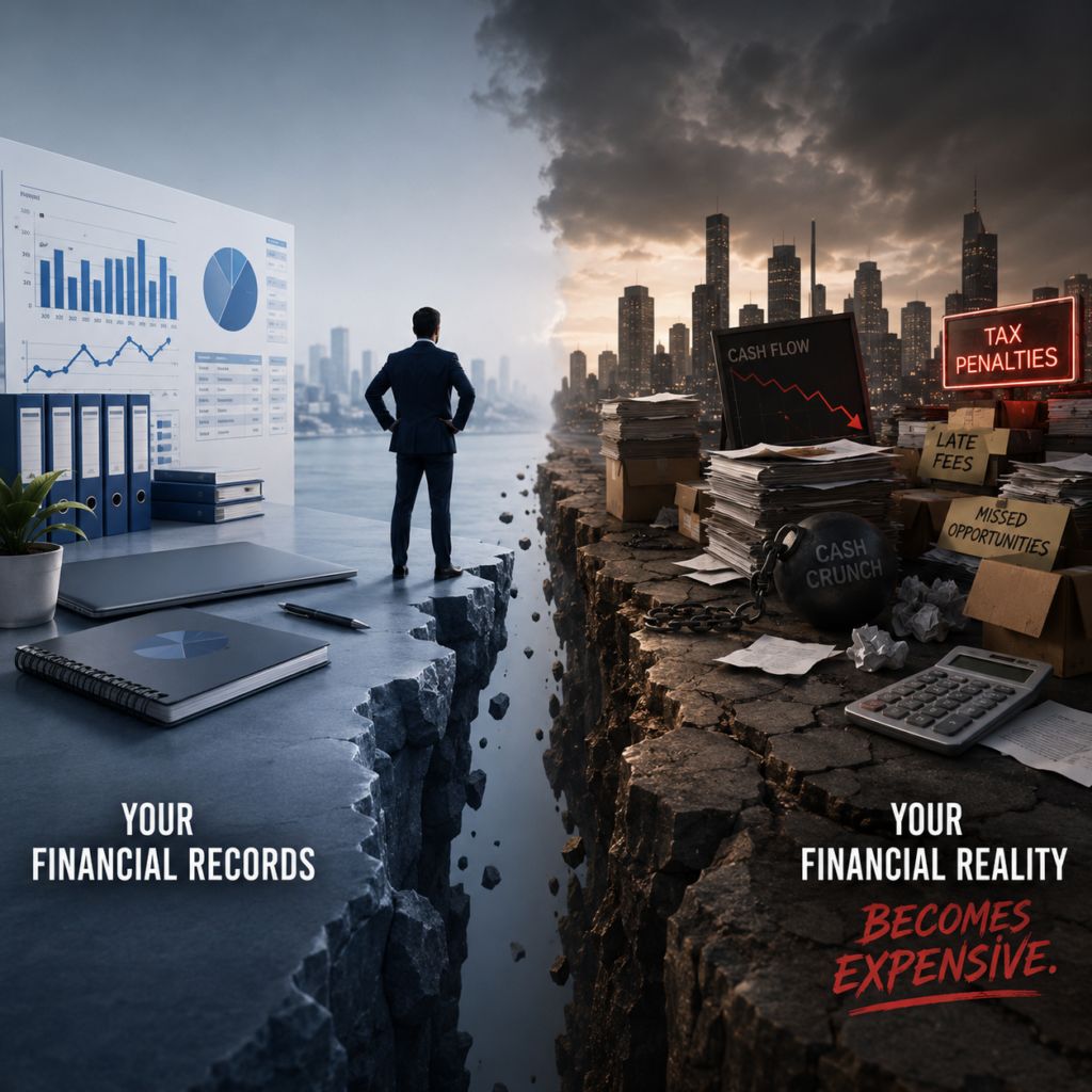 A dramatic conceptual image showing a man in a suit standing at the edge of a deep canyon split. On the left side, labeled "YOUR FINANCIAL RECORDS," the environment is clean, bright, and organized with large business charts, neat binders, and a laptop. On the right side, labeled "YOUR FINANCIAL REALITY BECOMES EXPENSIVE," the environment is dark, cracked, and cluttered with messy stacks of paper, a falling cash flow chart, a wrecking ball labeled "CASH CRUNCH," and signs reading "TAX PENALTIES," "LATE FEES," and "MISSED OPPORTUNITIES."