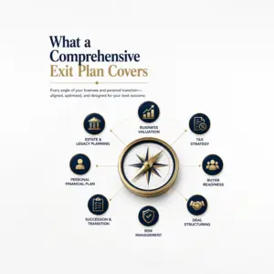 What a comprehensive exit plan covers: business valuation, tax strategy, buyer readiness, deal structuring, succession, personal financial plan and estate planning
