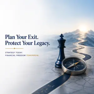 Chess king and compass on a winding road, representing a multi-year business exit plan that protects an owner's legacy